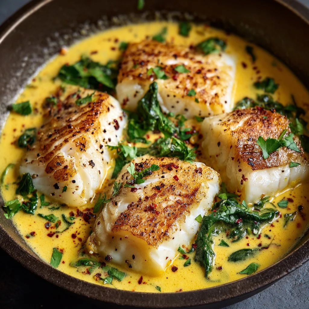 Baked cod fillet in coconut lemon cream sauce served on a plate
