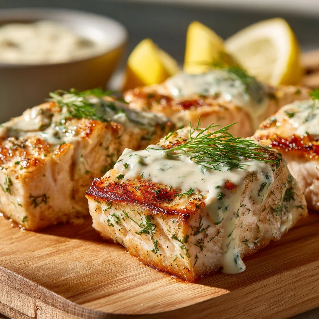 Baked Cod topped with Lemon-Dill Sauce on a plate