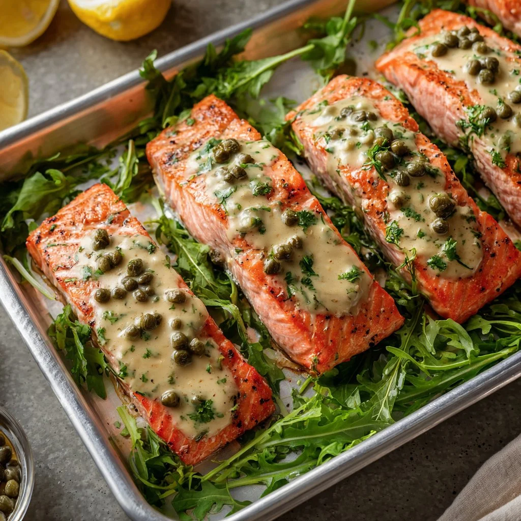Baked Dijon Salmon with herbs and spices on a wooden platter