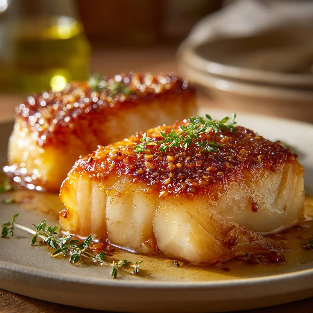 Baked Honey Marinated Cod served on a plate garnished with herbs