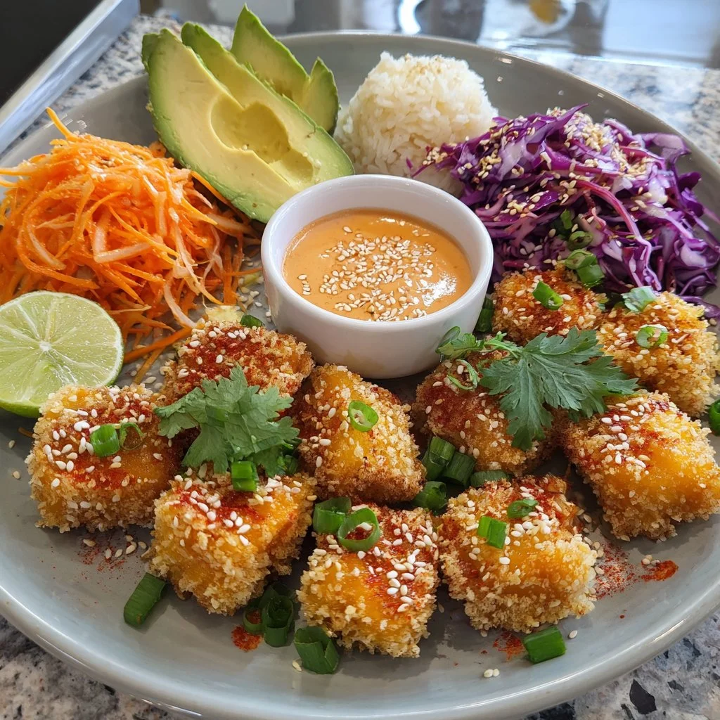 Crispy Bang Bang Salmon Bites served on a plate with sauce