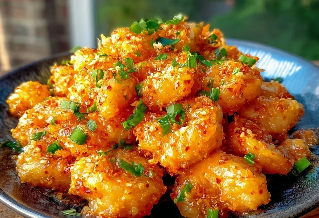 Plate of flavorful Bang Bang Shrimp with sauce and garnishes