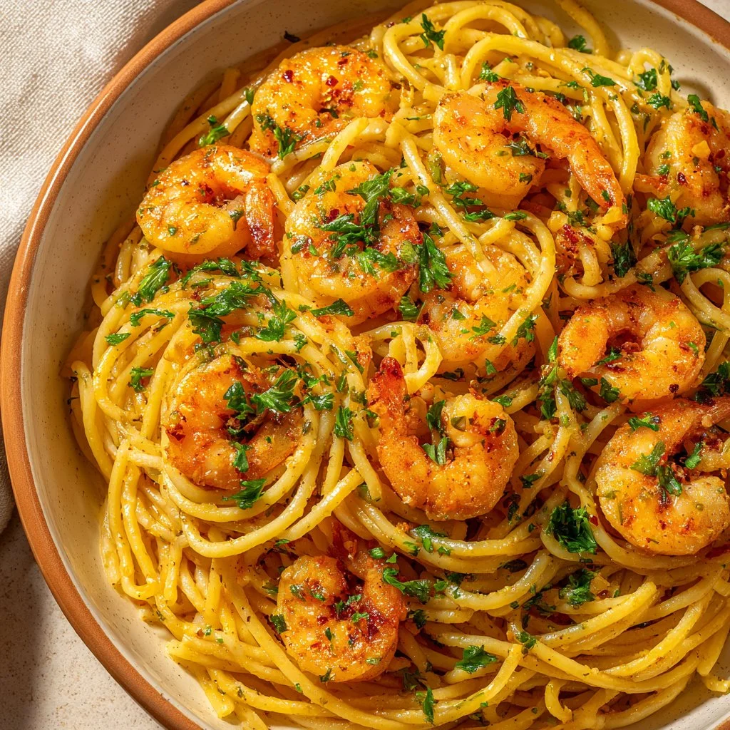 Delicious Bang Bang Shrimp Pasta served in a bowl with creamy sauce and garnished.