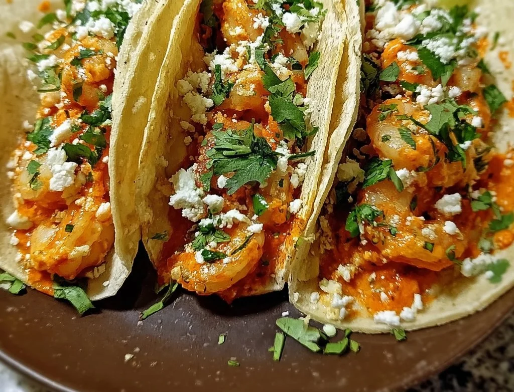 Plate of Bang Bang Shrimp Tacos garnished with fresh cilantro and lime