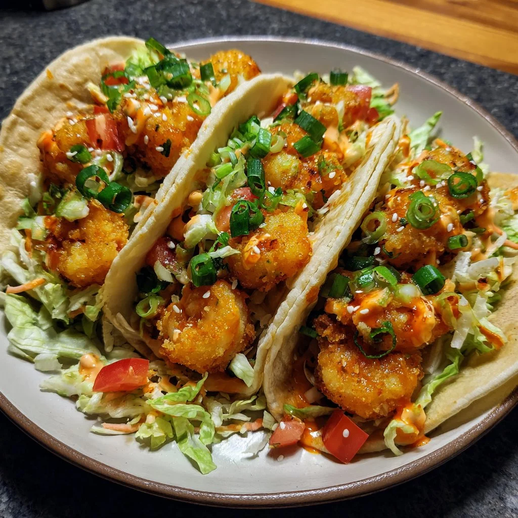 Delicious Bang Bang Shrimp Tacos topped with spicy sauce and fresh ingredients