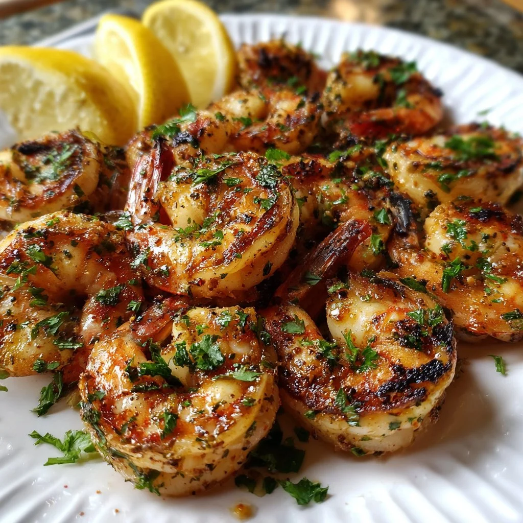 Delicious marinated grilled shrimp on a barbecue grill garnished with herbs