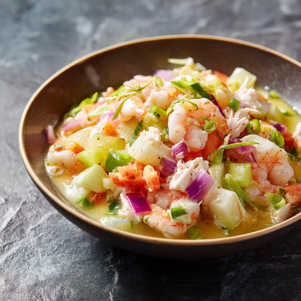 Delicious seafood salad appetizer with shrimp, crab, and fresh vegetables