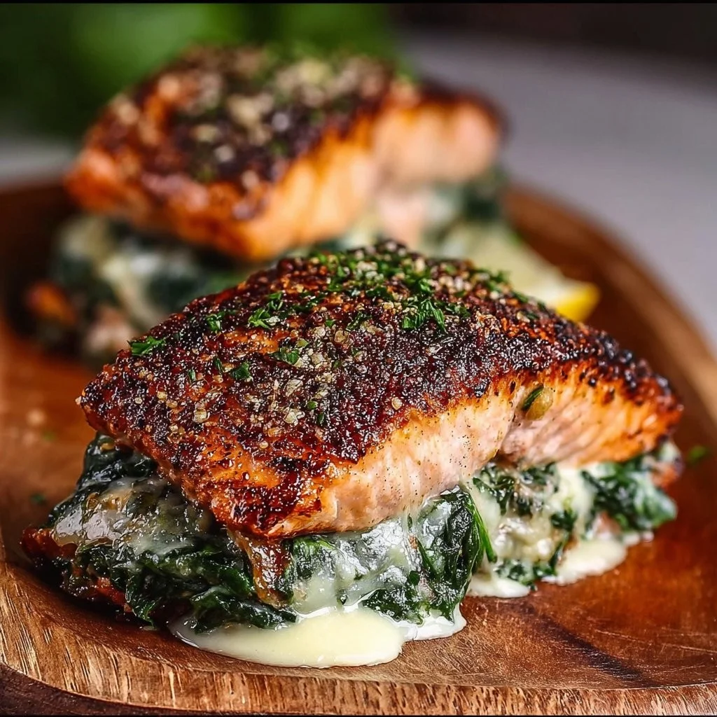 Blackened salmon stuffed with spinach and parmesan for a delicious meal.