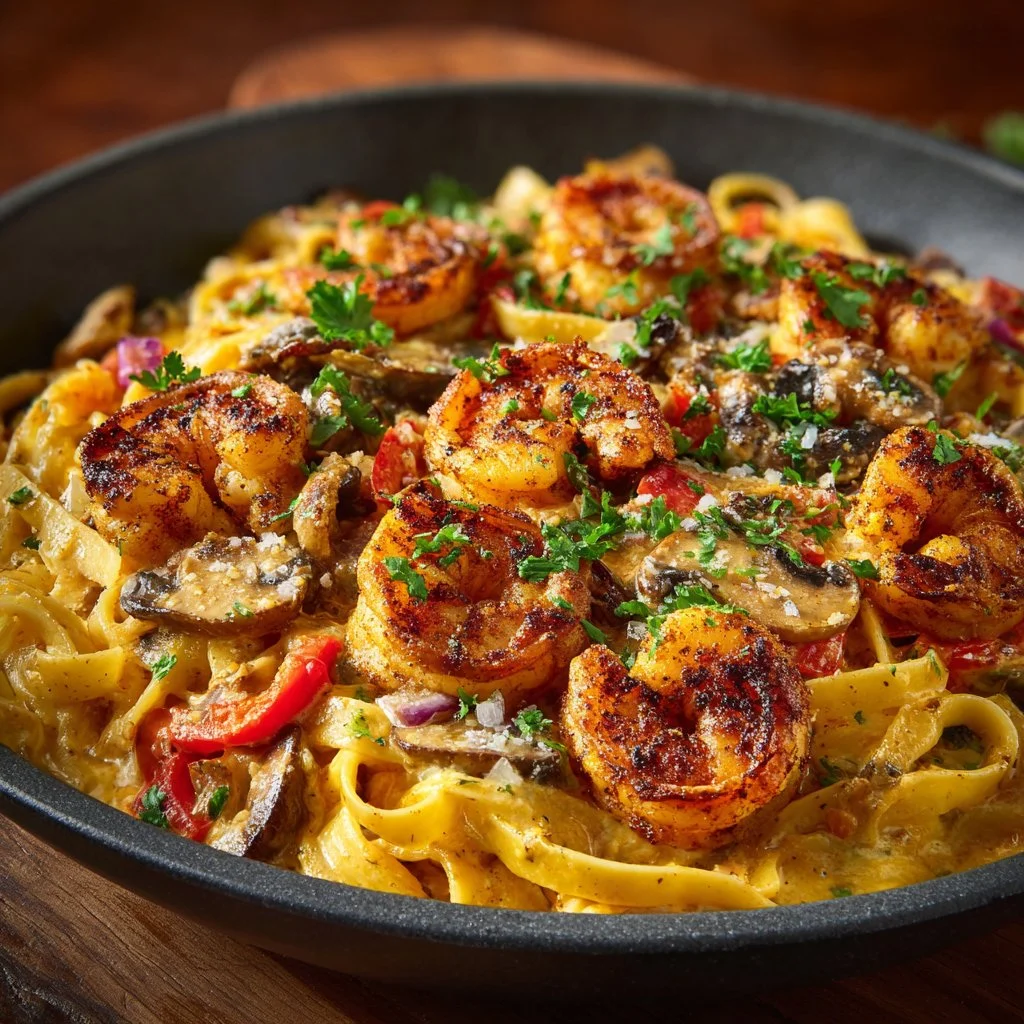Delicious blackened shrimp stroganoff served in a creamy sauce over pasta