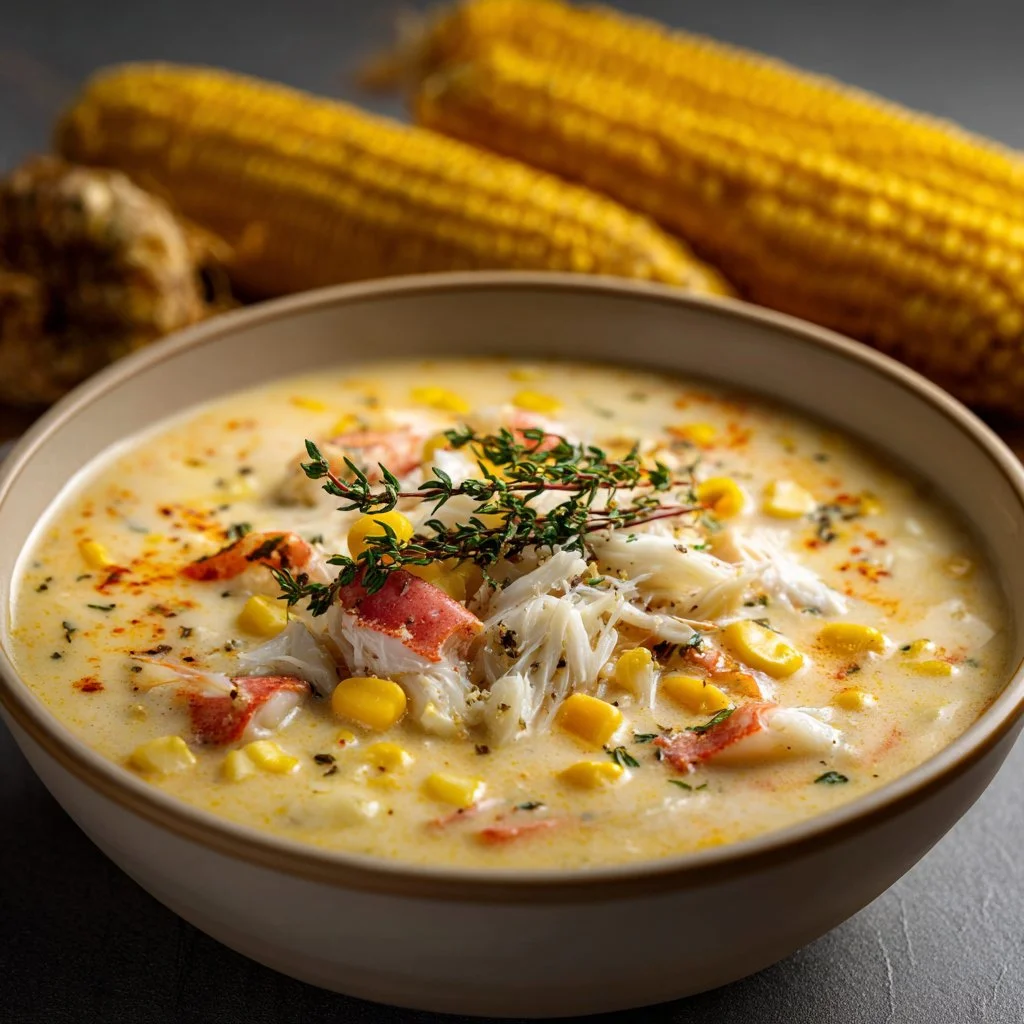 Bobby Flay’s delicious crab chowder with corn, freshly served in a bowl.