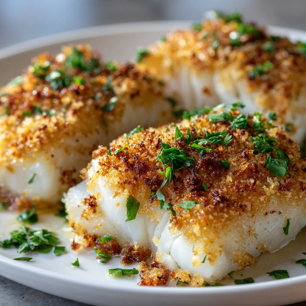 Delicious Boston Baked Cod served with fresh herbs and lemon