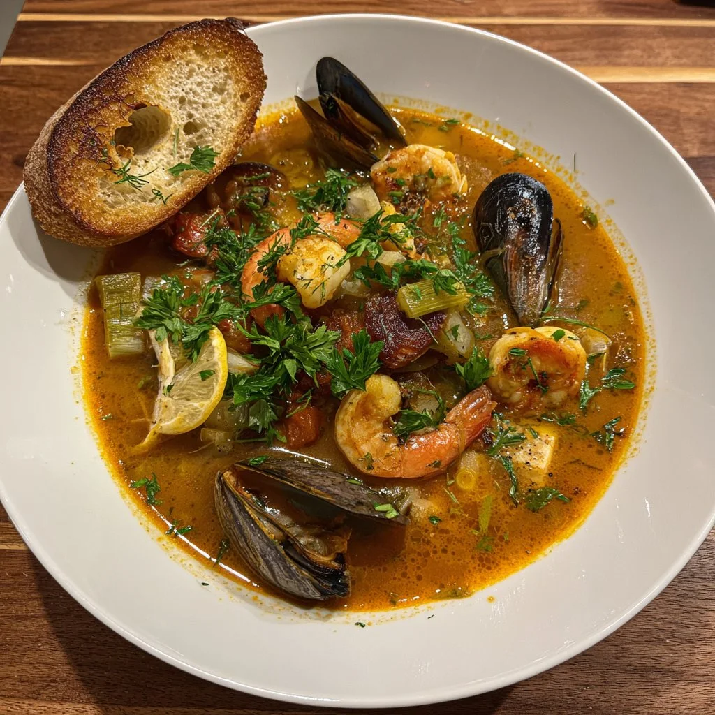A delicious serving of Bouillabaisse, a classic Provençal fish stew.
