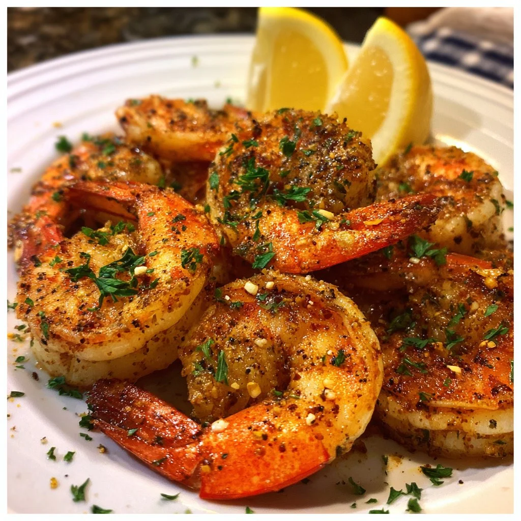 Plate of spicy Cajun Baked Shrimp garnished with herbs