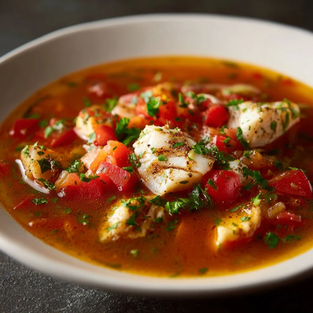 Bowl of spicy Cajun fish soup with fresh ingredients and herbs