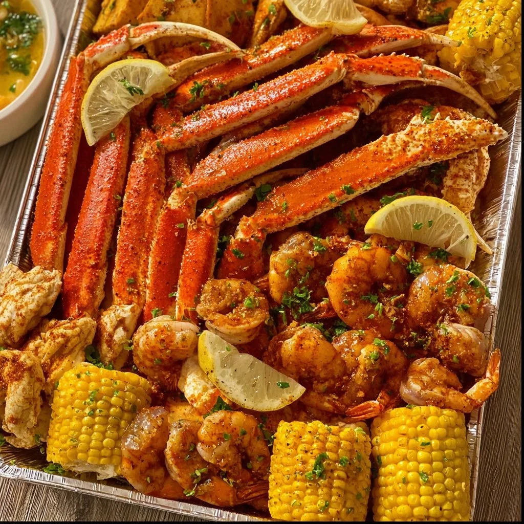 Delicious Cajun seafood boil featuring shrimp, crab, and spices