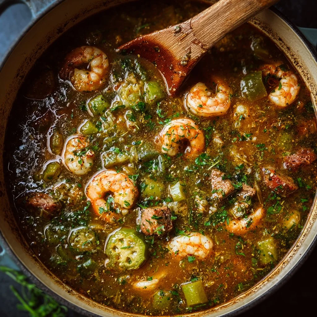 Bowl of delicious Cajun seafood gumbo with shrimp, fish, and vegetables