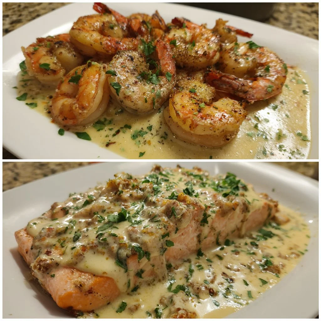 Plate of Cajun shrimp and salmon topped with garlic cream sauce