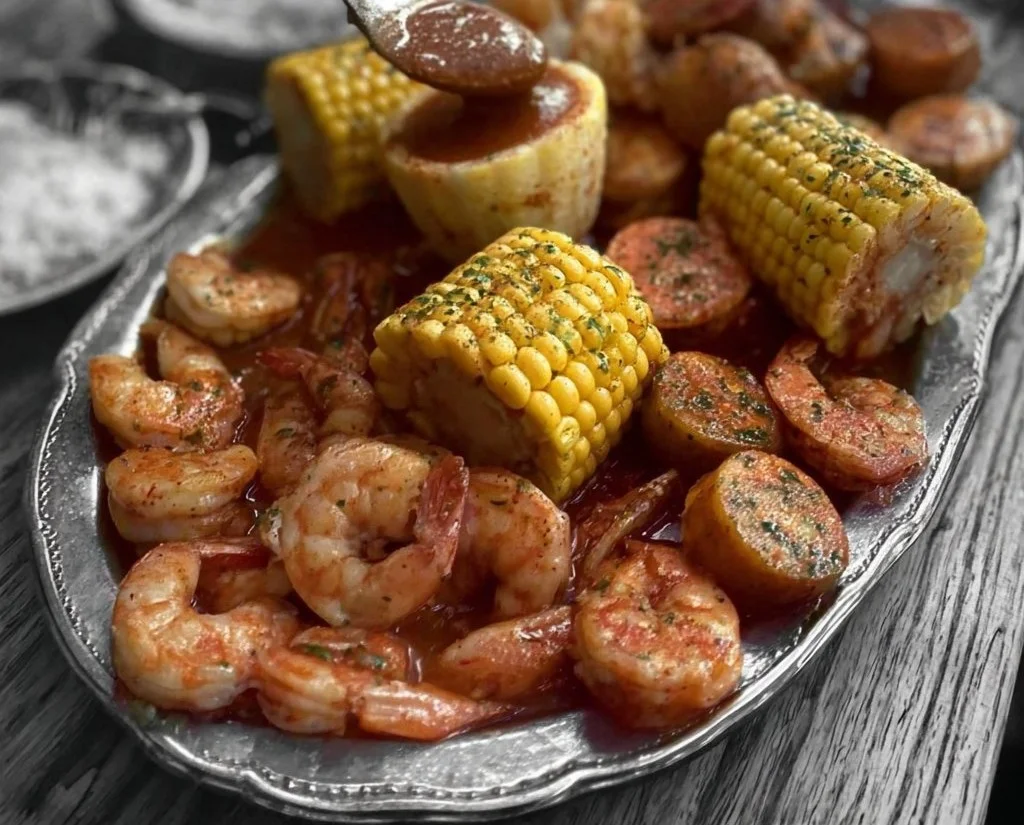 A vibrant Cajun Shrimp Boil featuring fresh shrimp, corn, and spices in a lively outdoor setting.