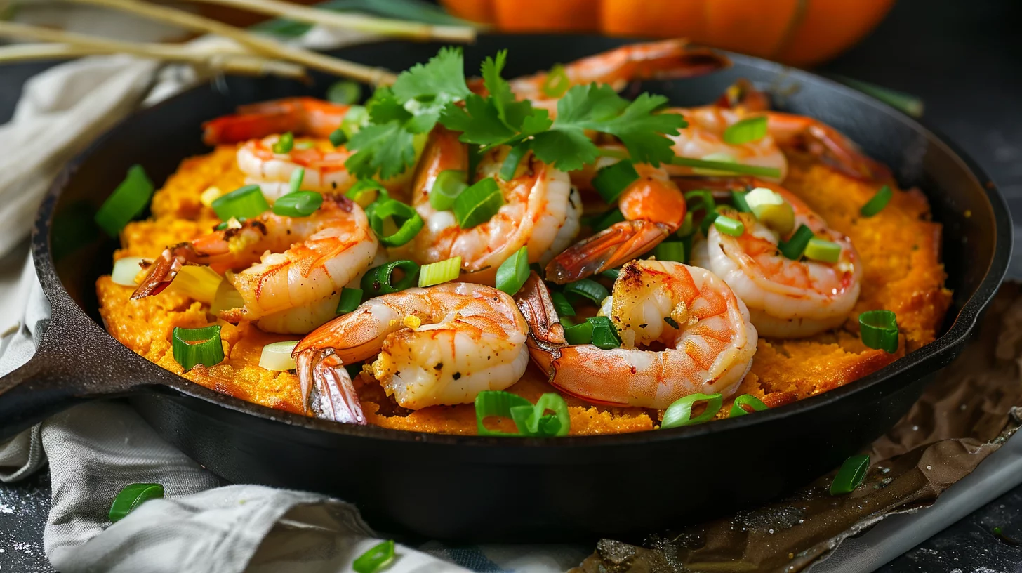 Cajun Shrimp Pumpkin Cornbread Skillet