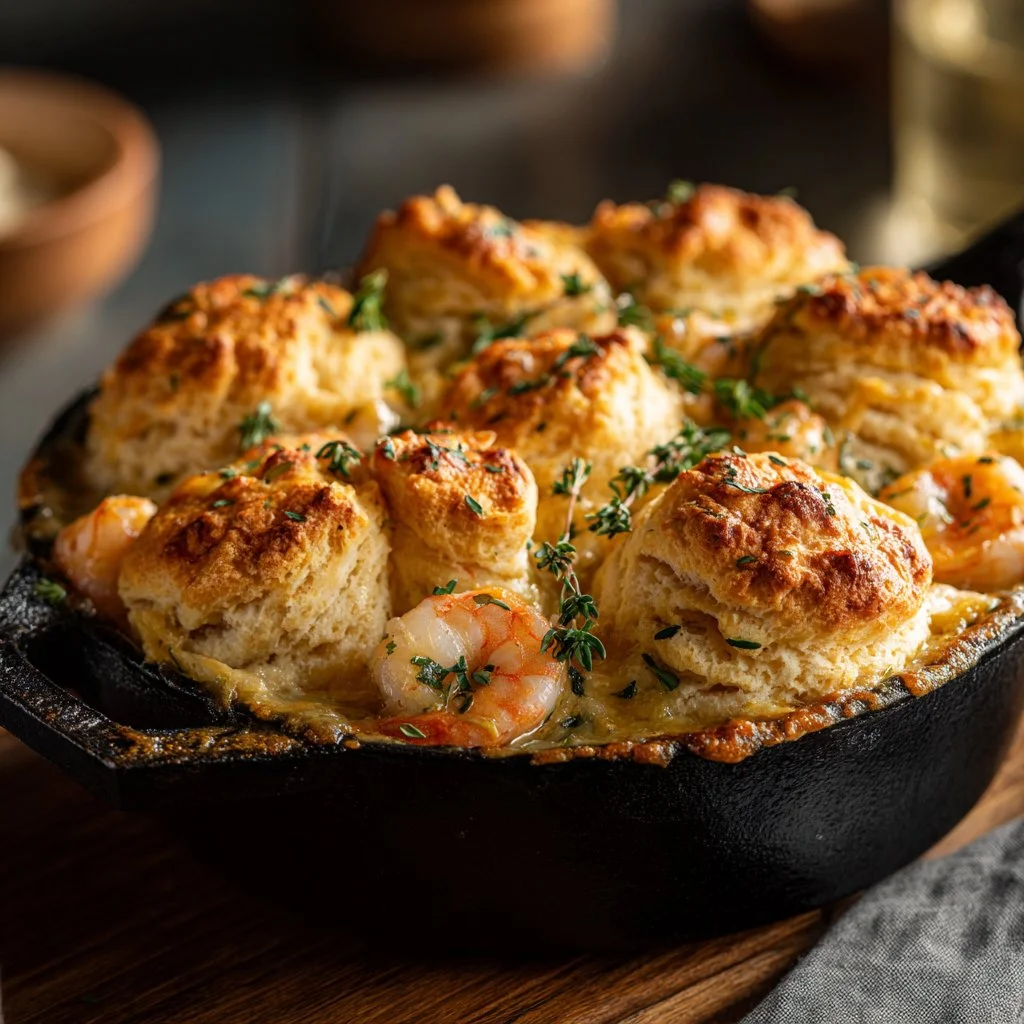 Cheddar Bay Biscuit Seafood Pot Pie topped with flaky biscuits and fresh seafood.