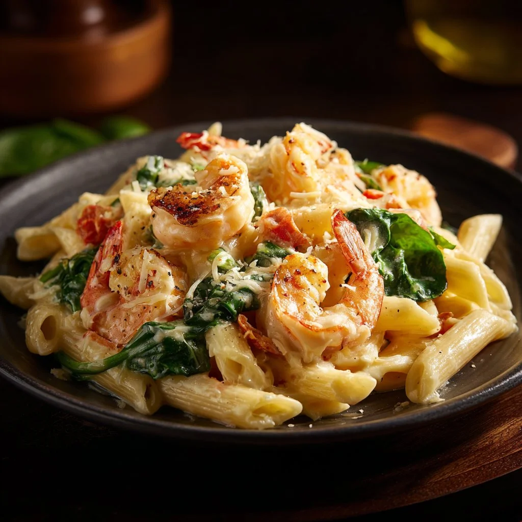 Cheese Shrimp Penne Pasta with Spinach served in a white bowl