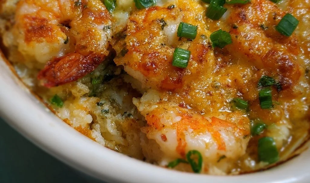 Cheesy Old Bay Shrimp Casserole made with shrimp and rich cheese topping