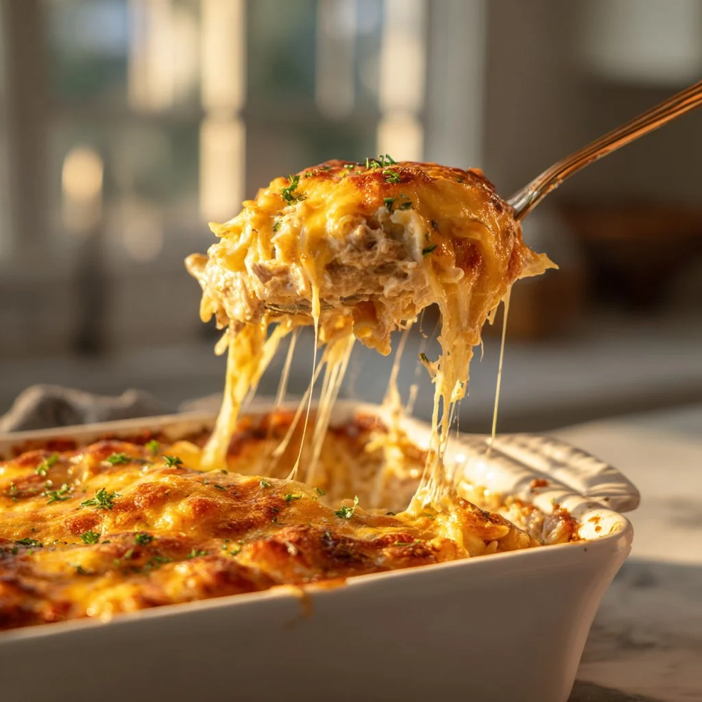 Cheesy Tuna Noodle Casserole with pasta and tuna topped with melted cheese