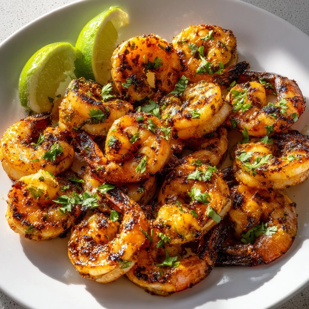 Delicious chili lime shrimp served with fresh herbs and lime wedges