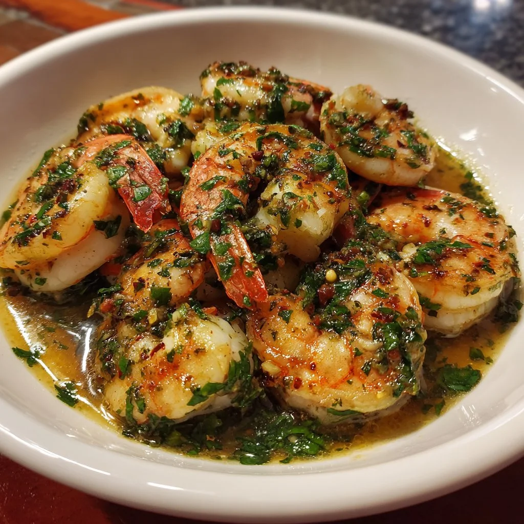 Plate of Chimichurri Shrimp with vibrant green sauce and herbs