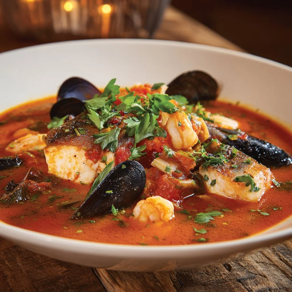 A bowl of flavorful cioppino seafood stew topped with fresh parsley and served with bread.