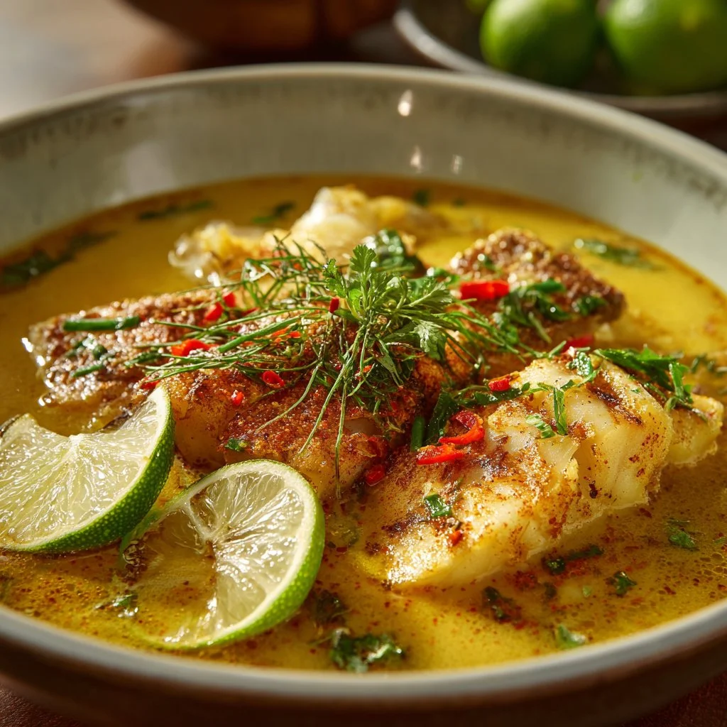 Bowl of Coconut Lime Fish Soup garnished with lime and herbs