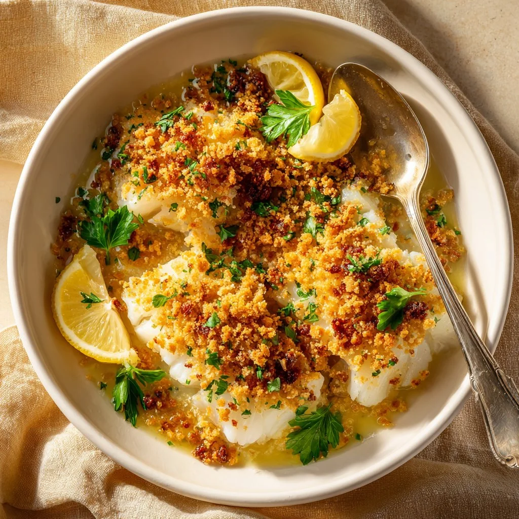 Cod with buttery Ritz crackers and fresh lemon served on a plate