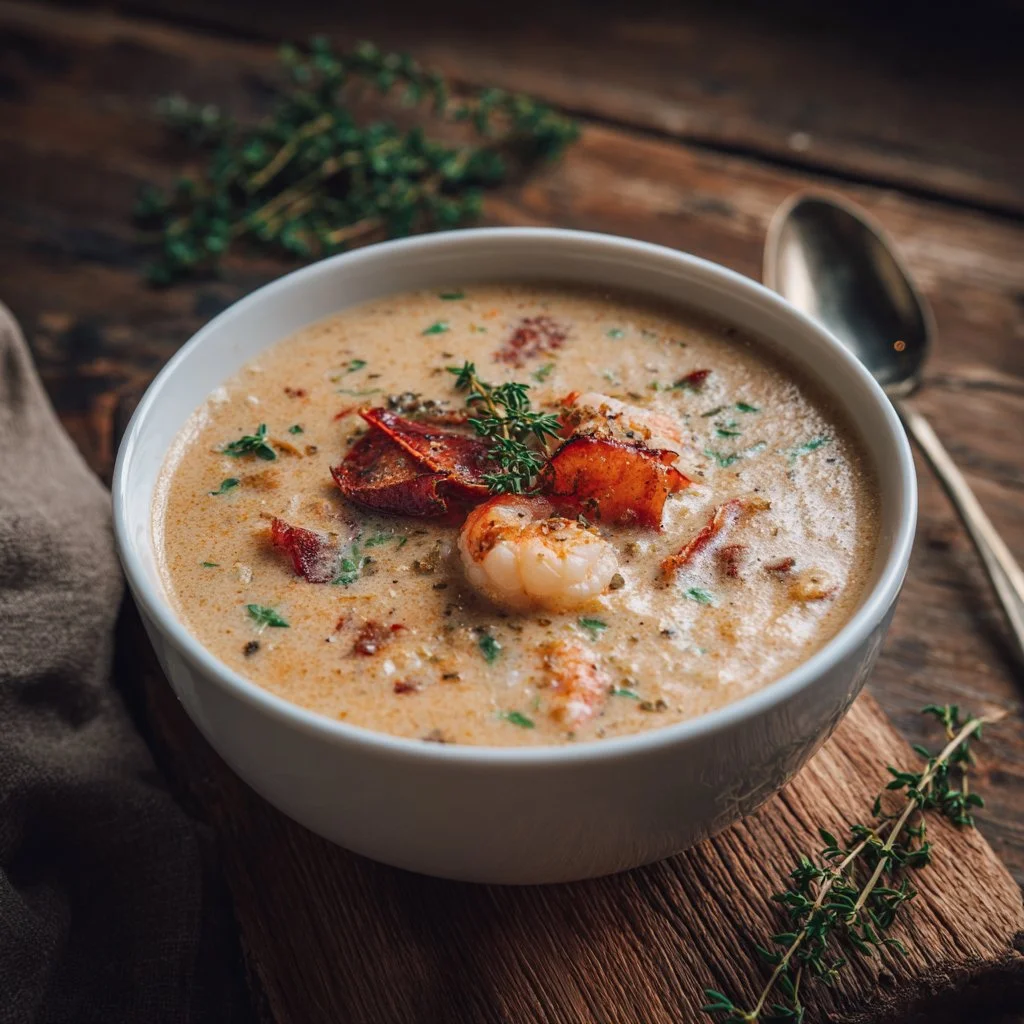 Bowl of creamy crab and seafood bisque garnished with herbs