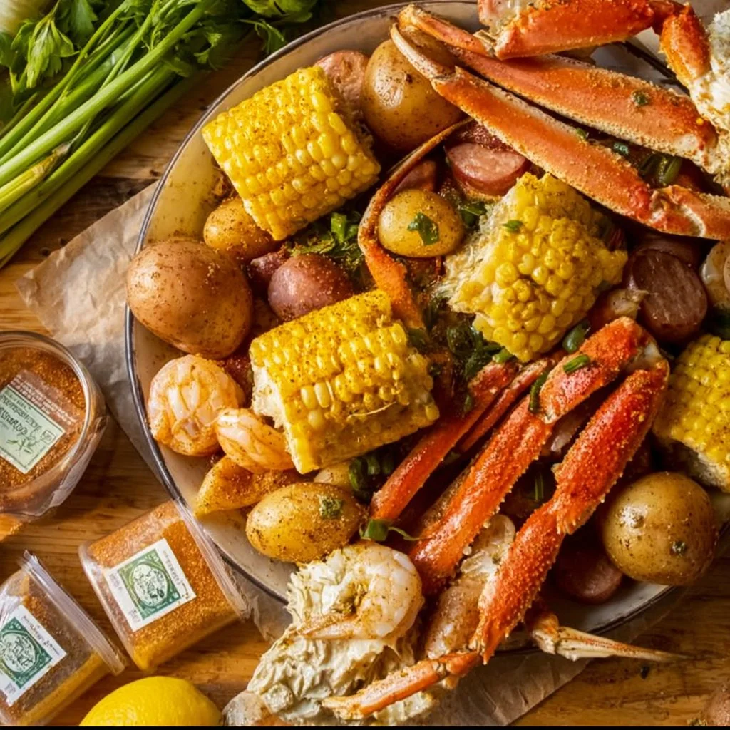 A steaming pot of crab boil with spices and vegetables ready to serve.