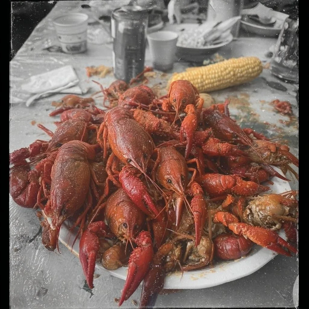 A vibrant setup for a crawfish boil with spices and fresh seafood.