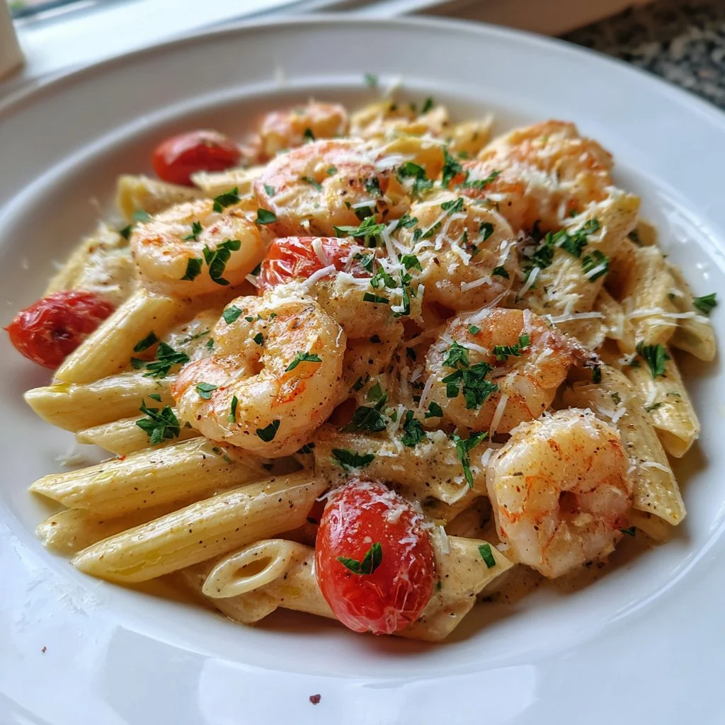 Delicious creamy Cajun shrimp pasta garnished with parsley on a plate