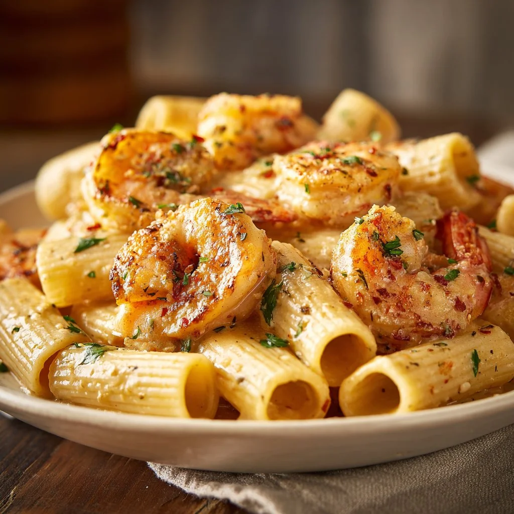 A plate of creamy Cajun shrimp pasta garnished with parsley and served with bread.