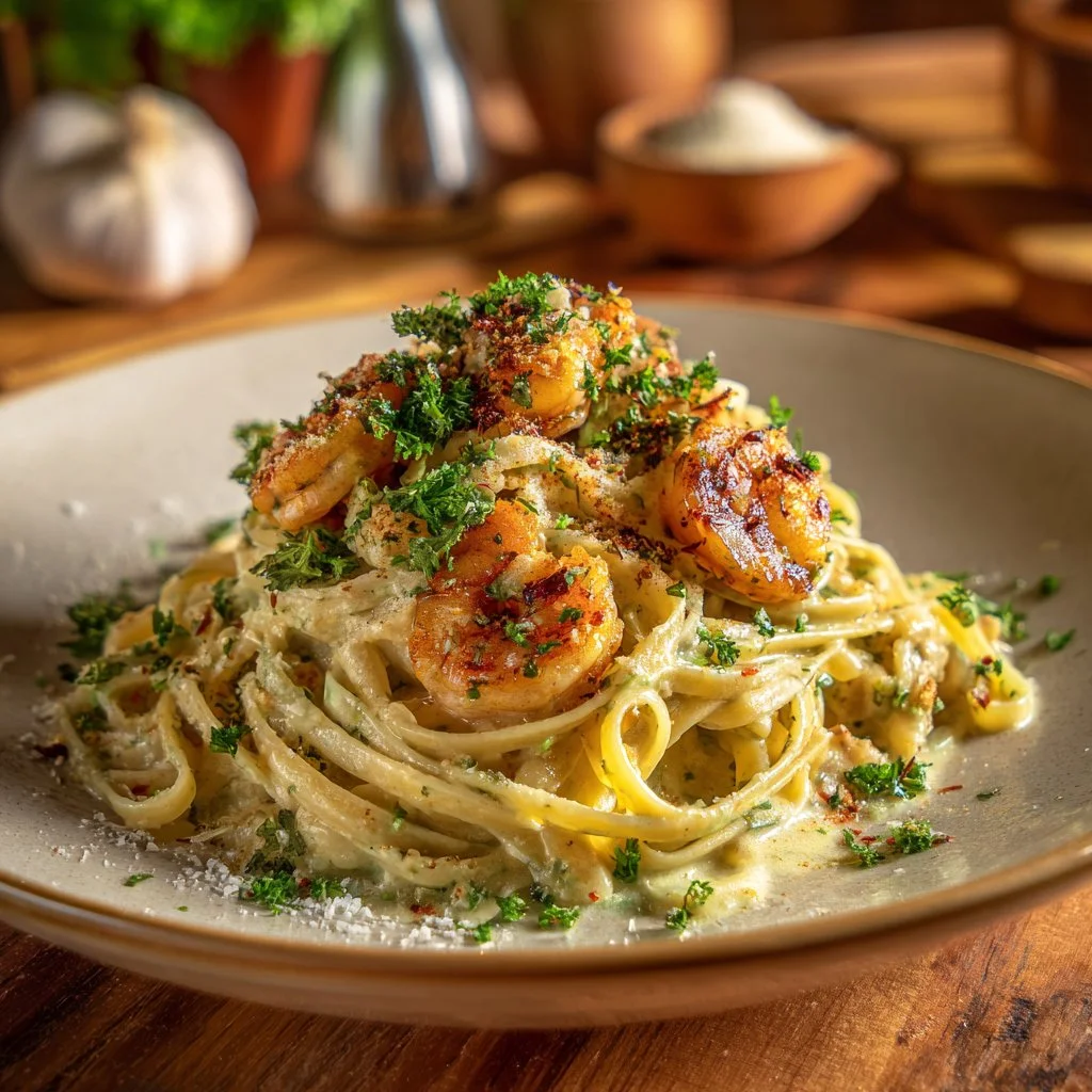 Creamy crab and shrimp pasta served with garnishes on a plate
