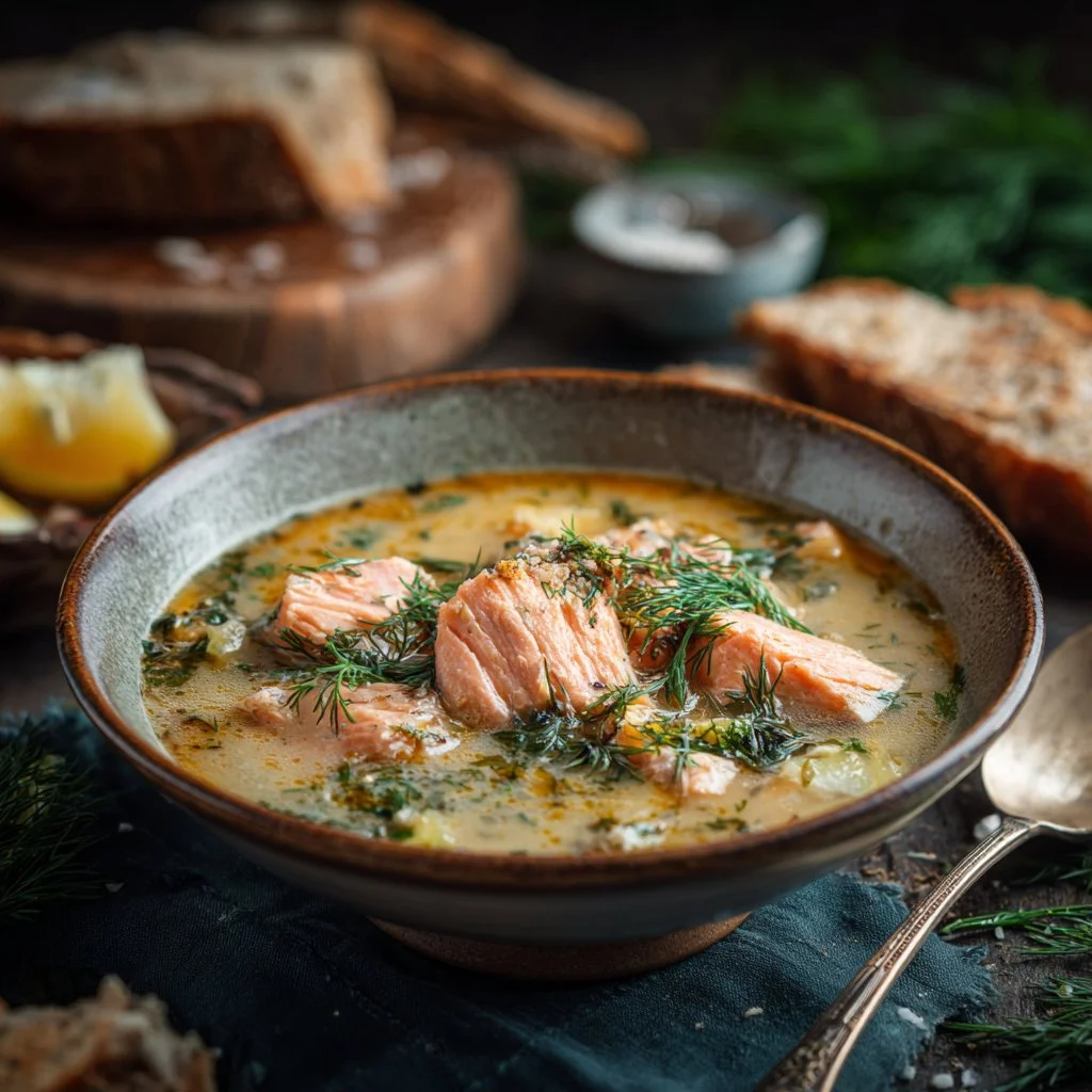 Creamy Finnish salmon soup (lohikeitto) garnished with herbs in a bowl