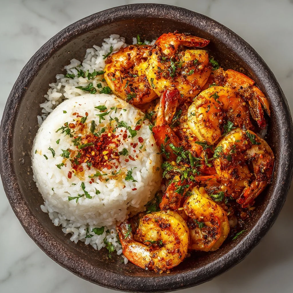 Delicious creamy garlic butter shrimp served in a skillet.