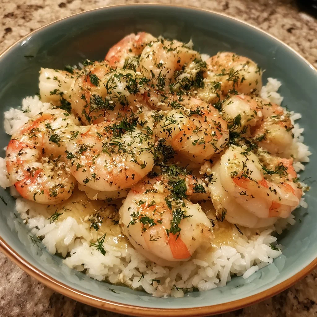 Delicious creamy garlic butter shrimp served with rice in a bowl