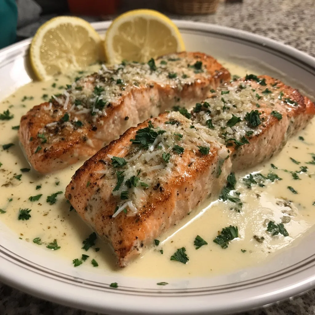 Creamy garlic salmon served with vegetables on a plate
