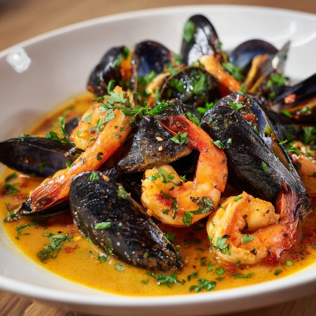 Creamy garlic shrimp and mussels dish garnished with herbs