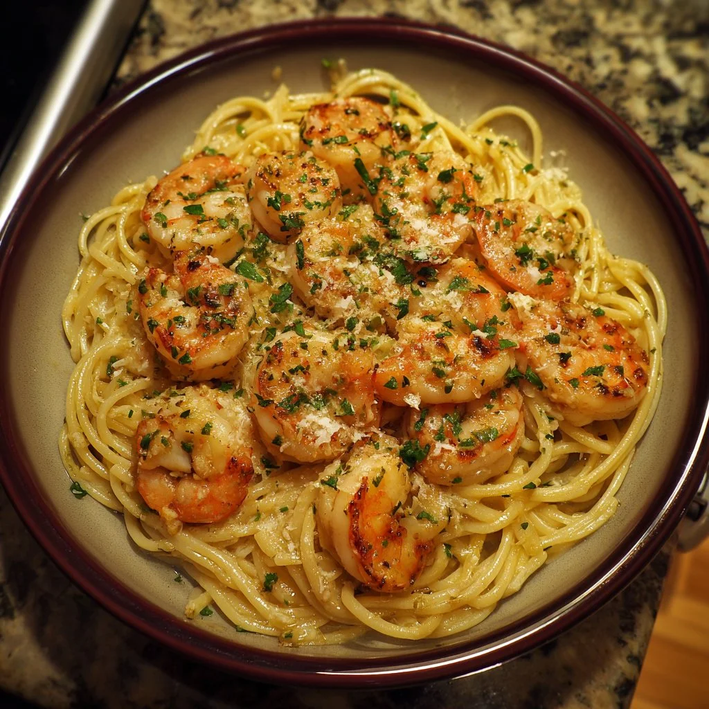 Creamy garlic shrimp pasta dish garnished with parsley on a white plate