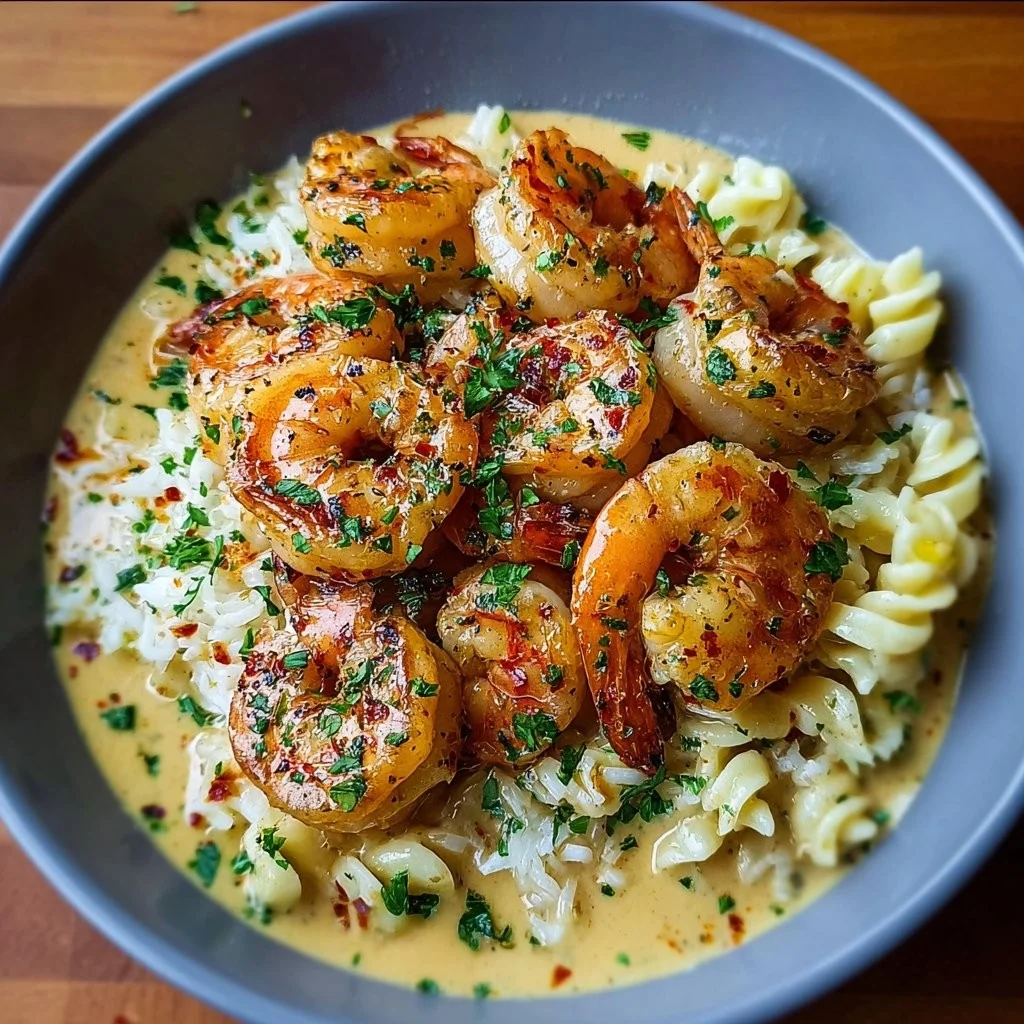 Creamy garlic shrimp pasta dish garnished with parsley