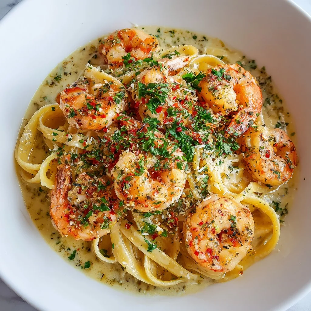 Creamy garlic shrimp pasta dish served in a bowl with herbs and shrimp