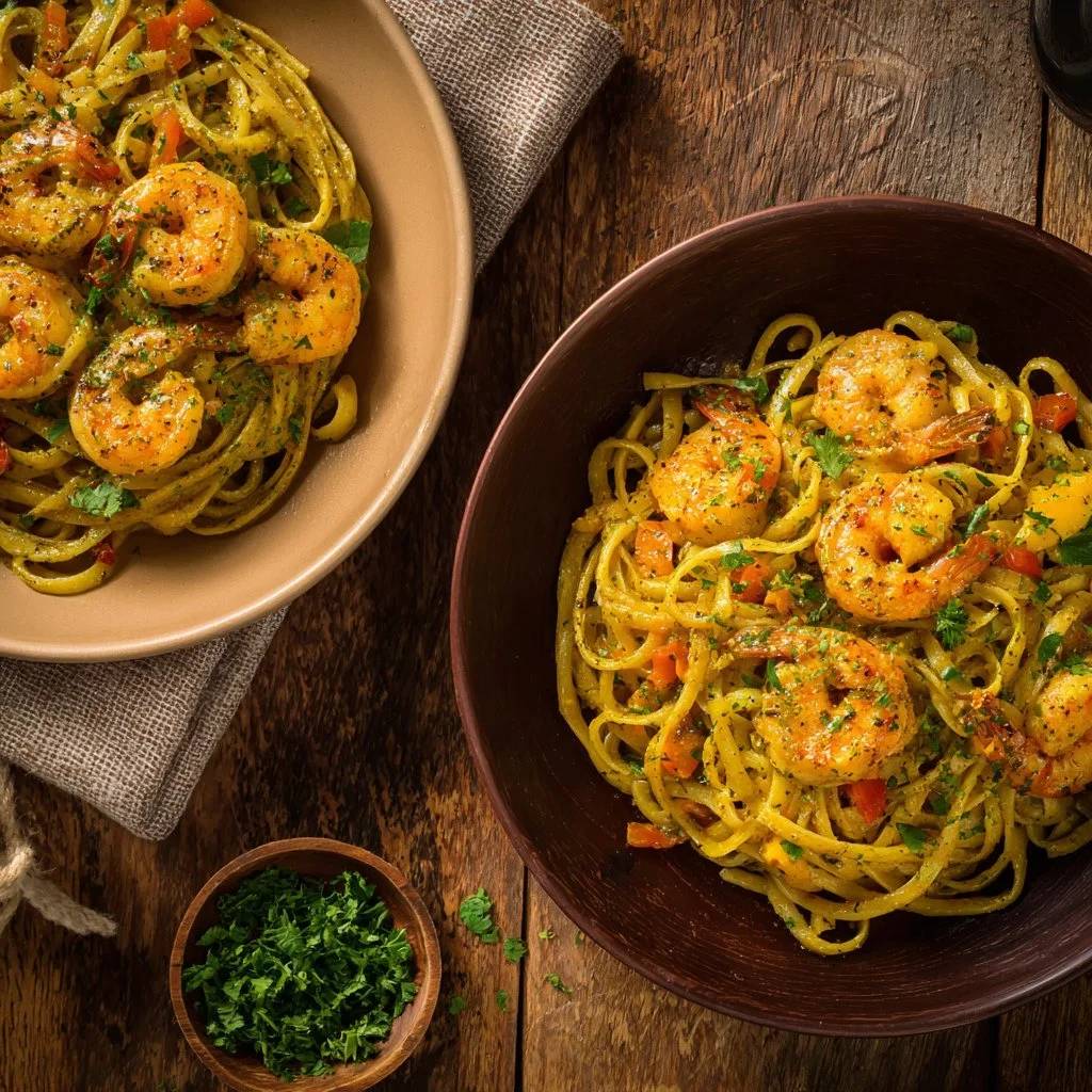 Creamy Jamaican Shrimp Rasta Pasta with colorful peppers and shrimp