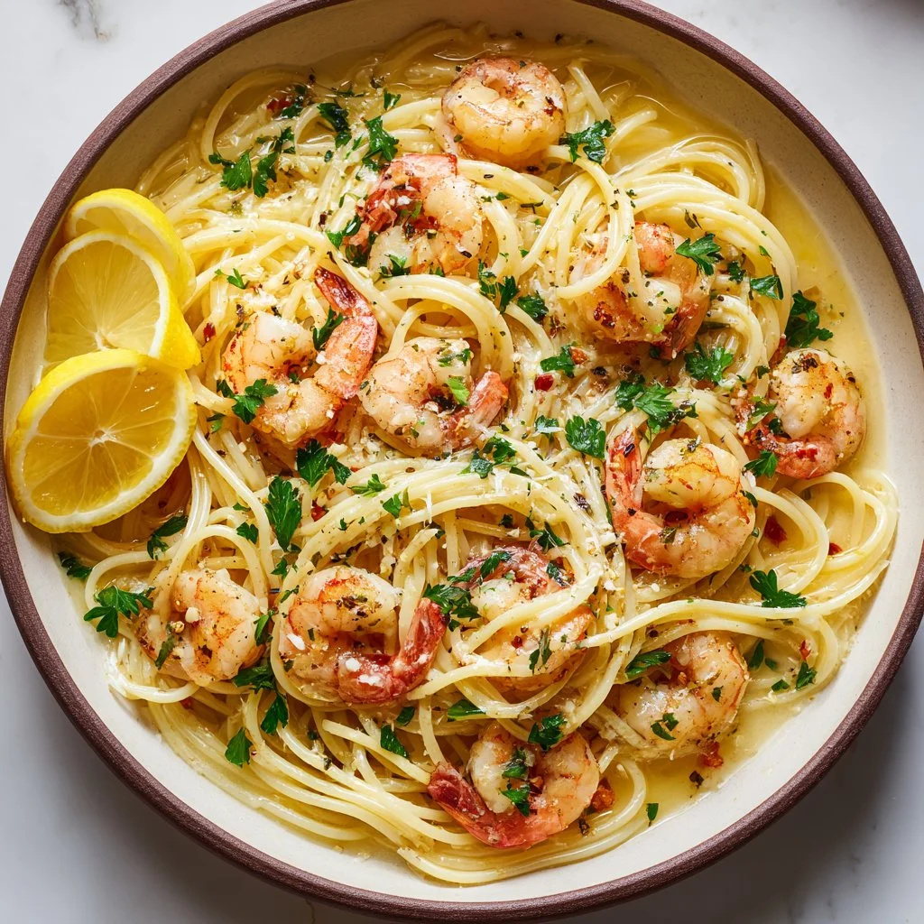 Creamy lemon garlic shrimp pasta dish garnished with parsley