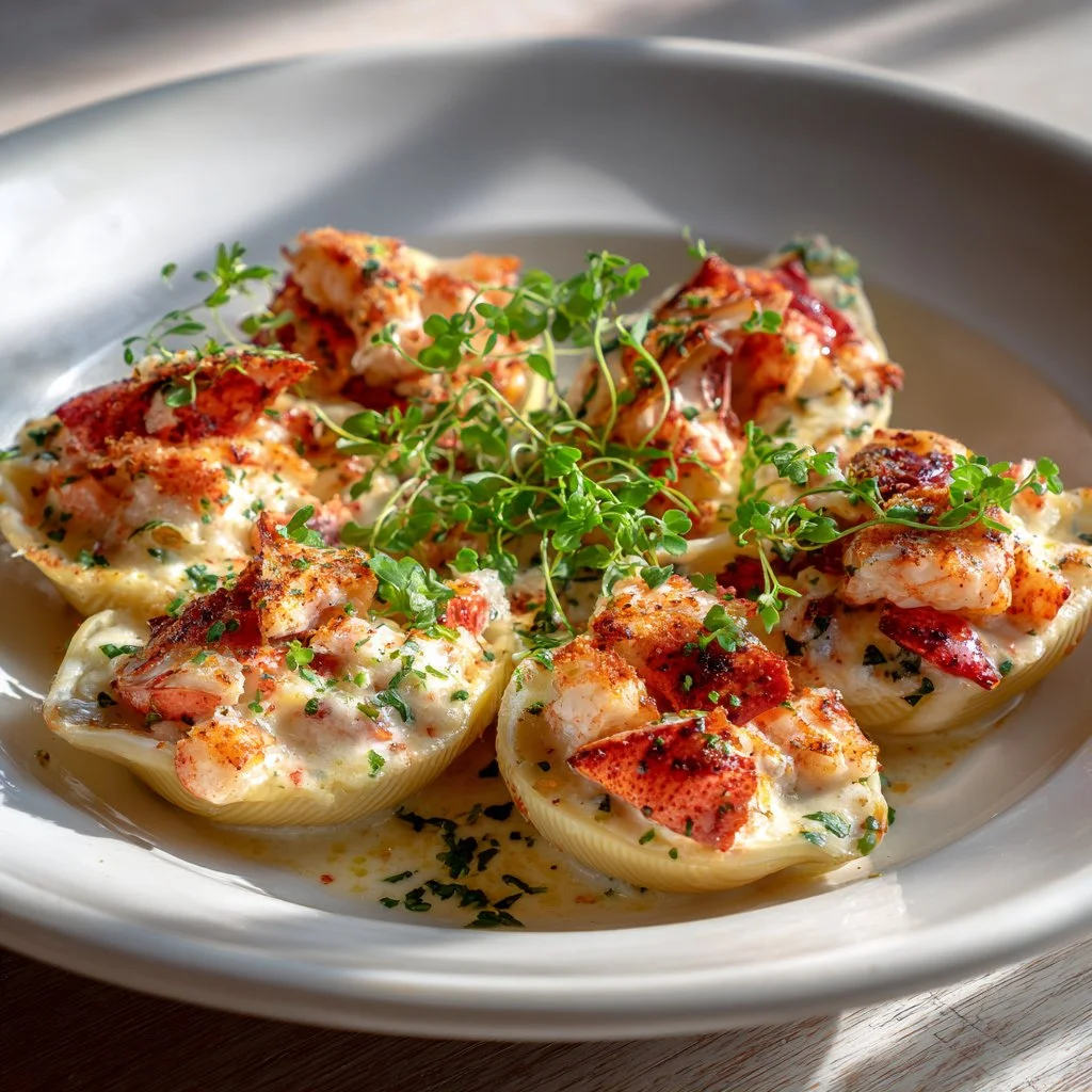 Creamy lobster stuffed pasta shells with cheese and herbs in a bowl