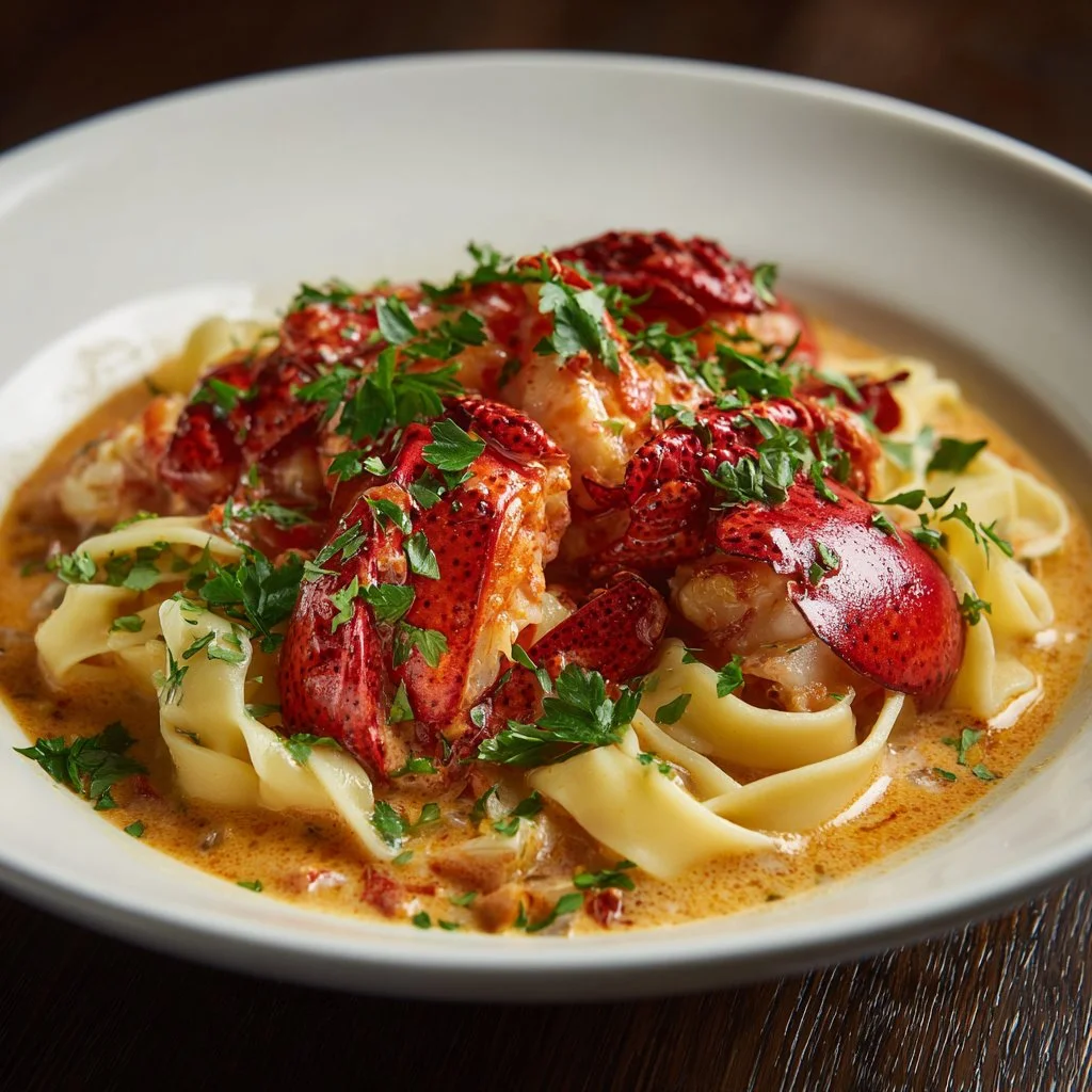 Creamy lobster sauce served over pasta in a gourmet dish.